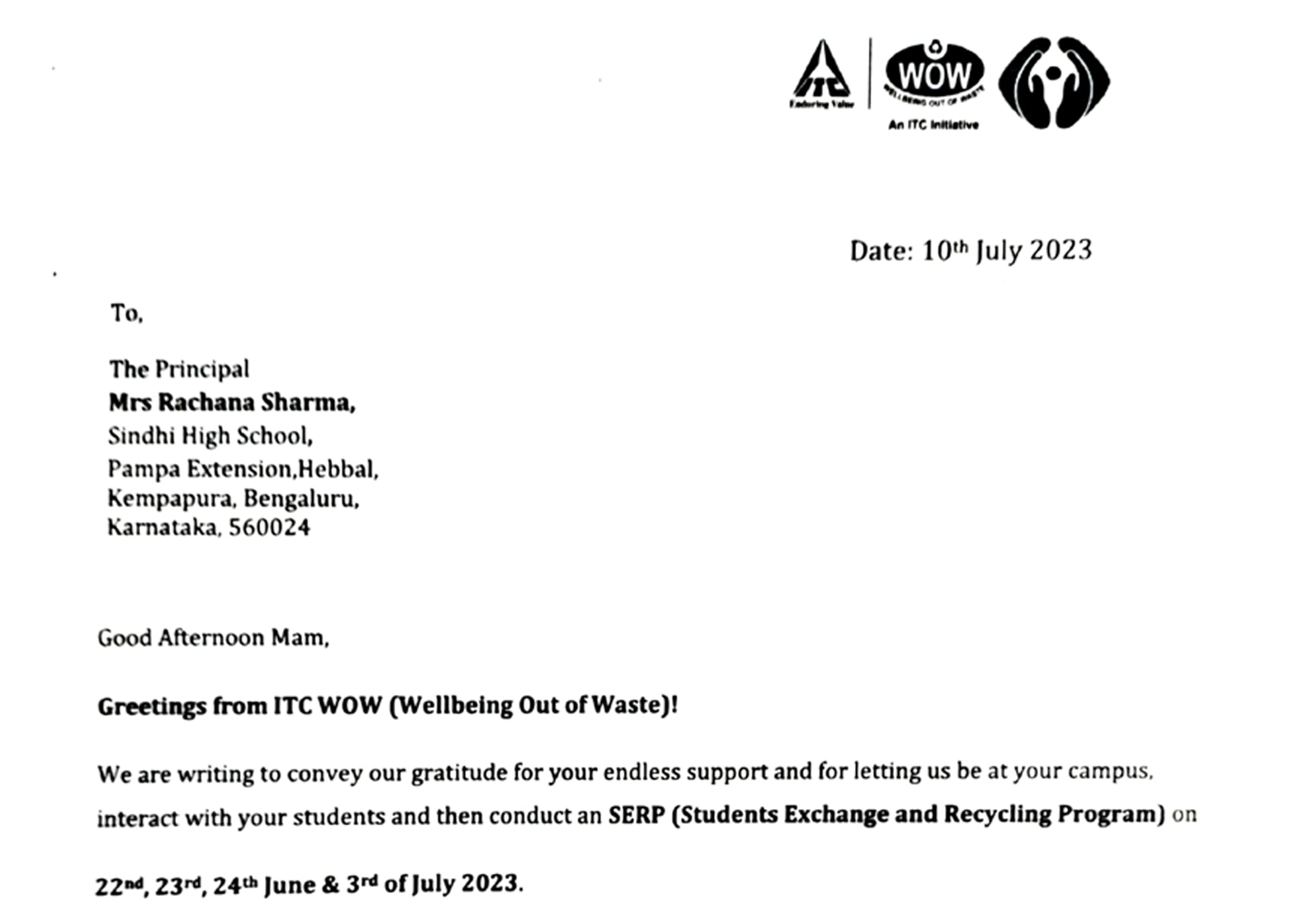 Appreciation letter from ITC WOW (Well-being Out of Waste)